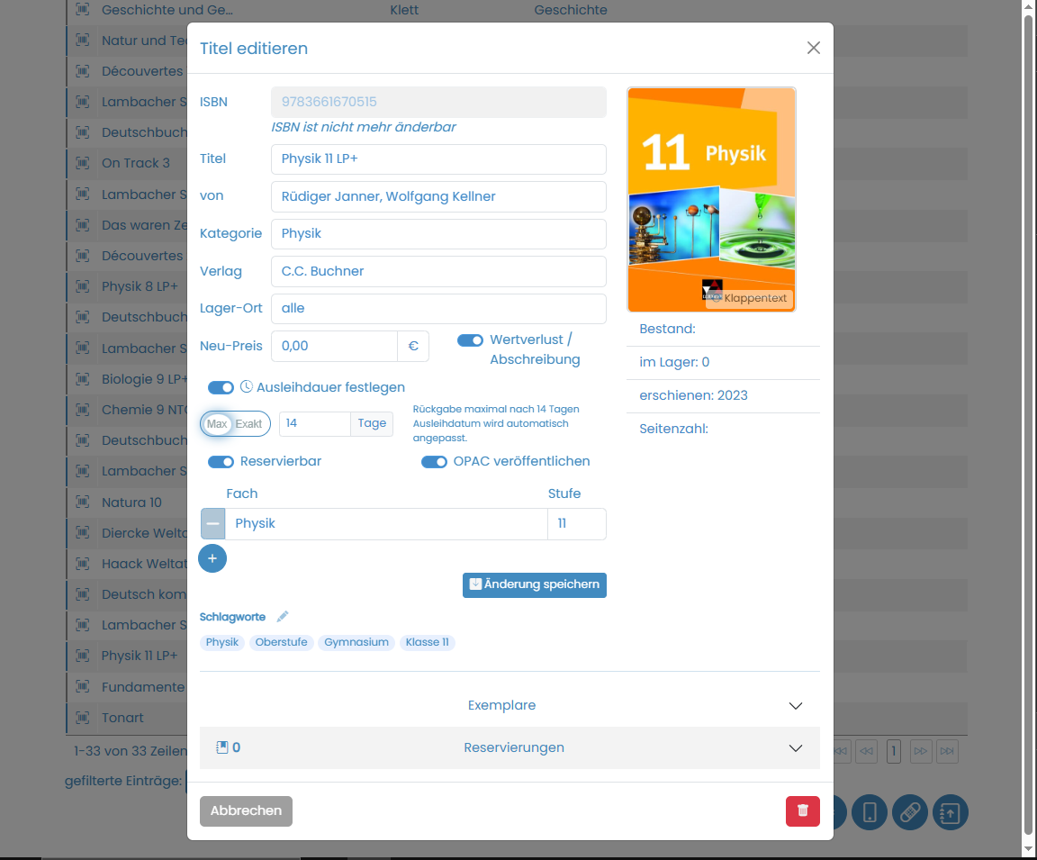 Schoolib Screenshot: Buchdetails mit Exemplaren und Ausleihhistorie