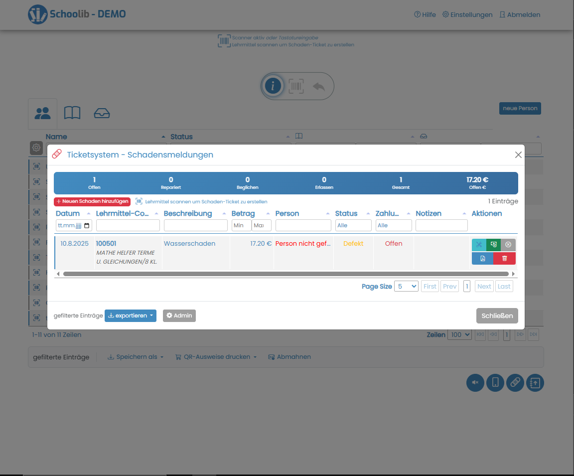 Schoolib Screenshot: Schadensmeldung und Abrechnung