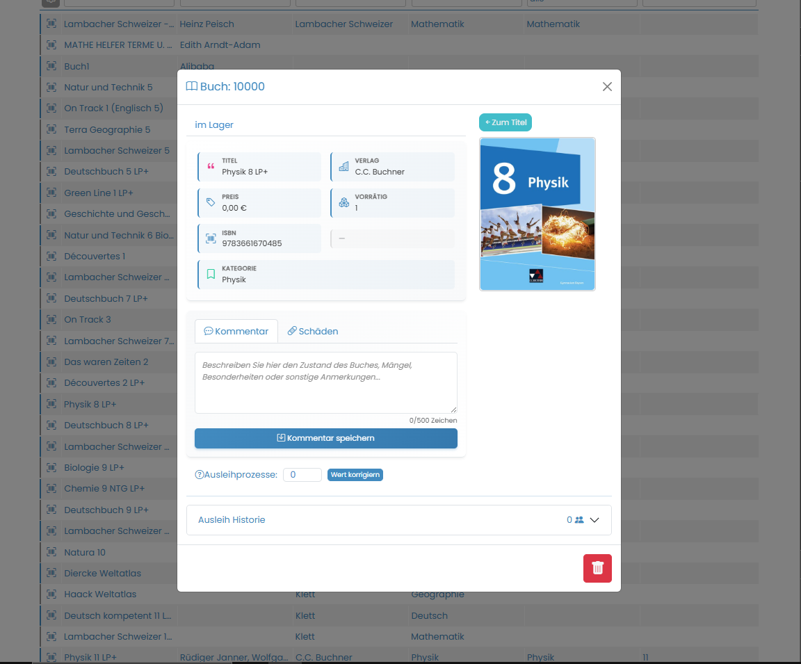 Schoolib Screenshot: Exemplar-Details mit Zustand und Standort