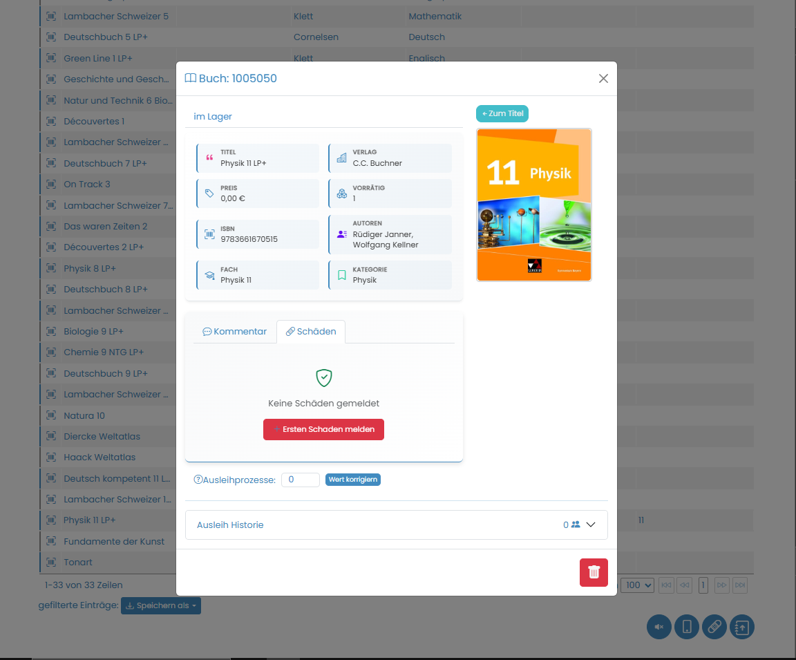 Schoolib Screenshot: Erweiterte Exemplar-Ansicht mit Verlauf