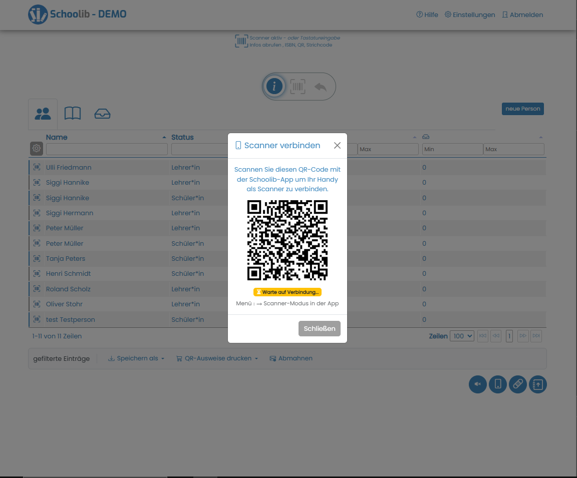Schoolib Screenshot: Smartphone als kabellosen Barcode-Scanner verbinden