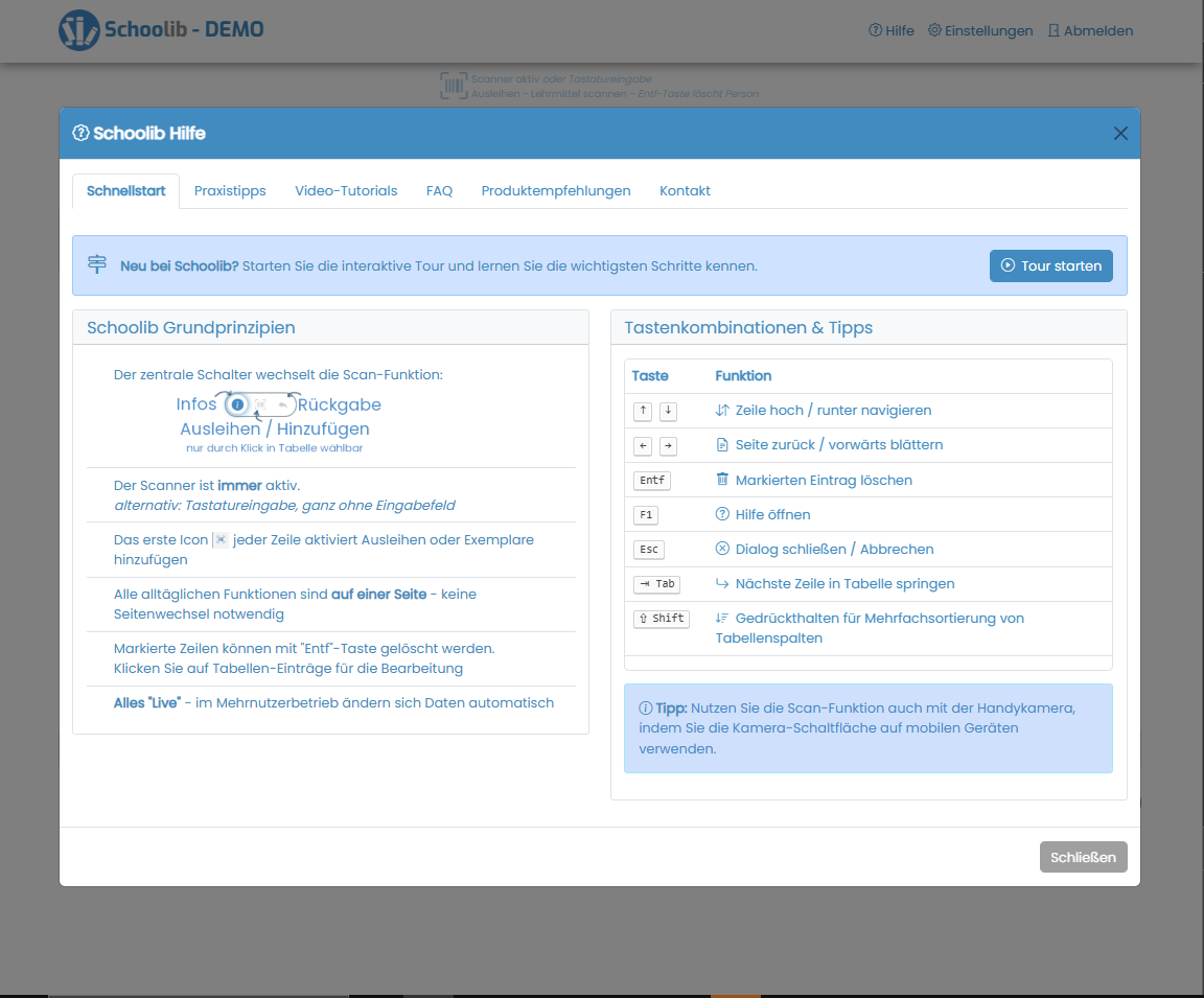 Schoolib Screenshot: Integrierte Hilfe und Anleitungen