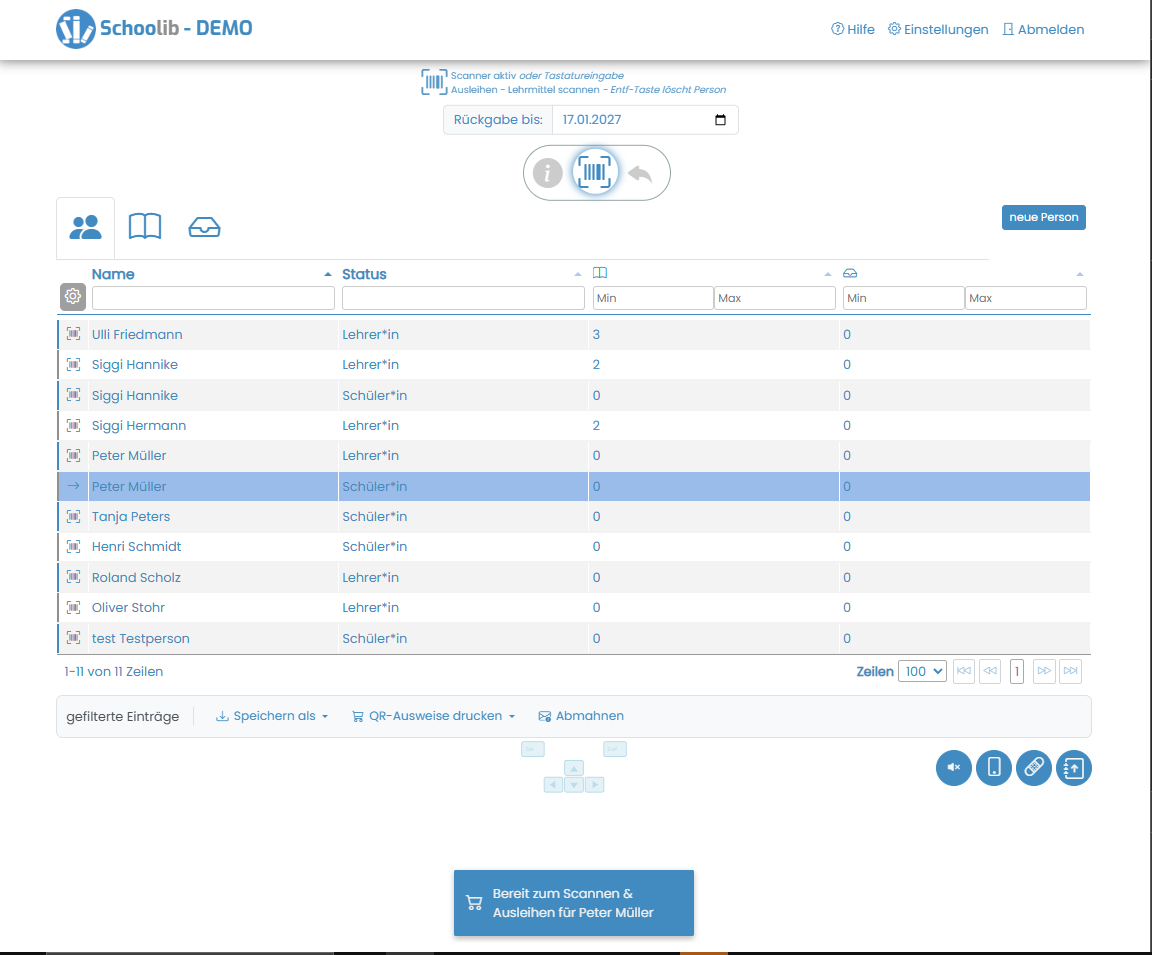 Schoolib Screenshot: Ausleihe per Barcode-Scan in Echtzeit