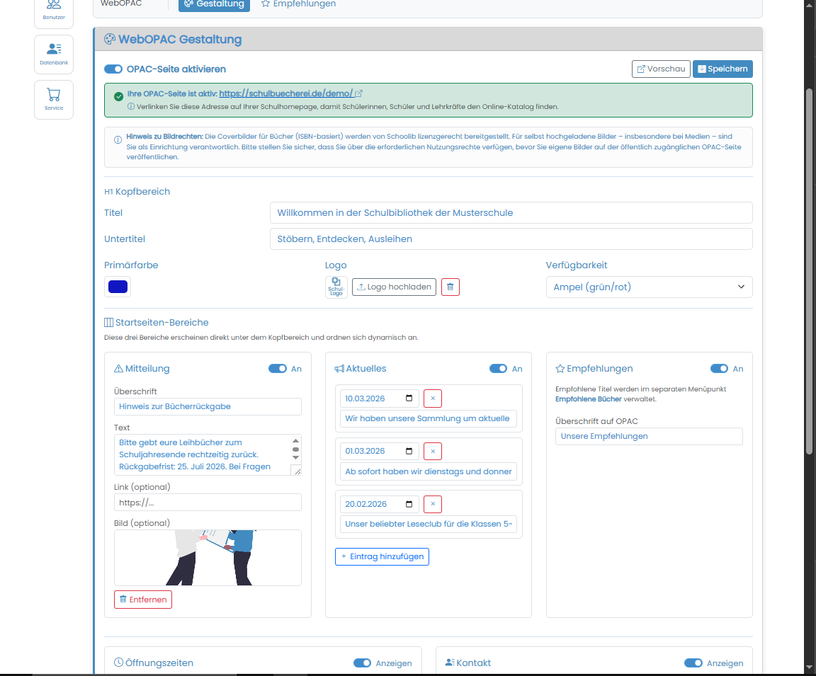 Schoolib Screenshot: WebOPAC Design-Einstellungen