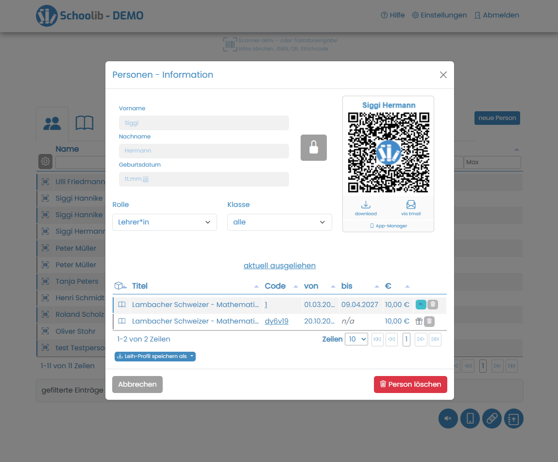 Schoolib Screenshot: Schülerdetails mit aktiven Ausleihen