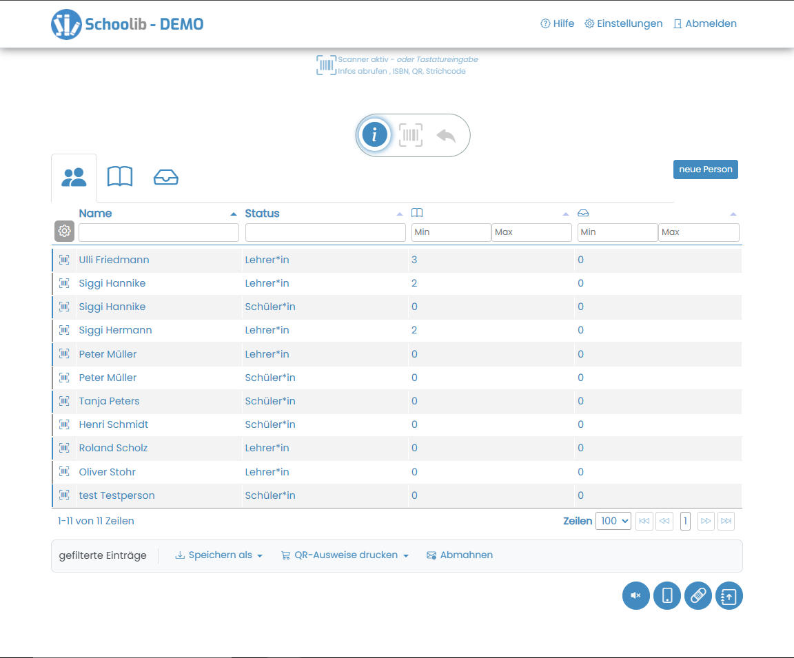 Schoolib Screenshot: Personen- und Schülerübersicht mit Filterfunktion