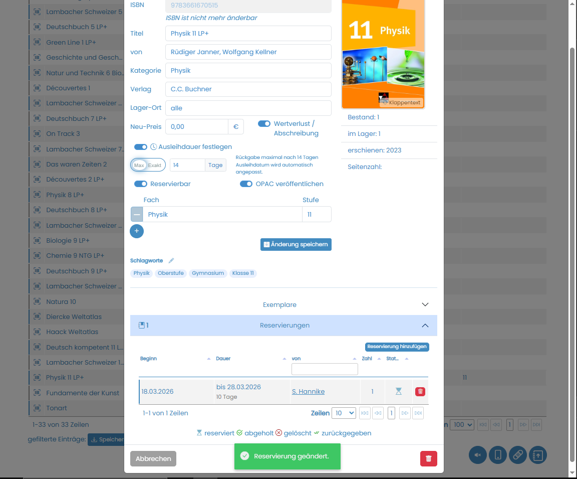 Schoolib Screenshot: Reservierungsverwaltung